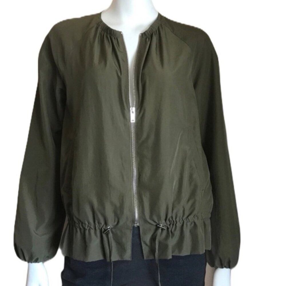 Zara Basic Army Green Zip Up Nylon Cinched Waist Jacket Bomber Windbreaker